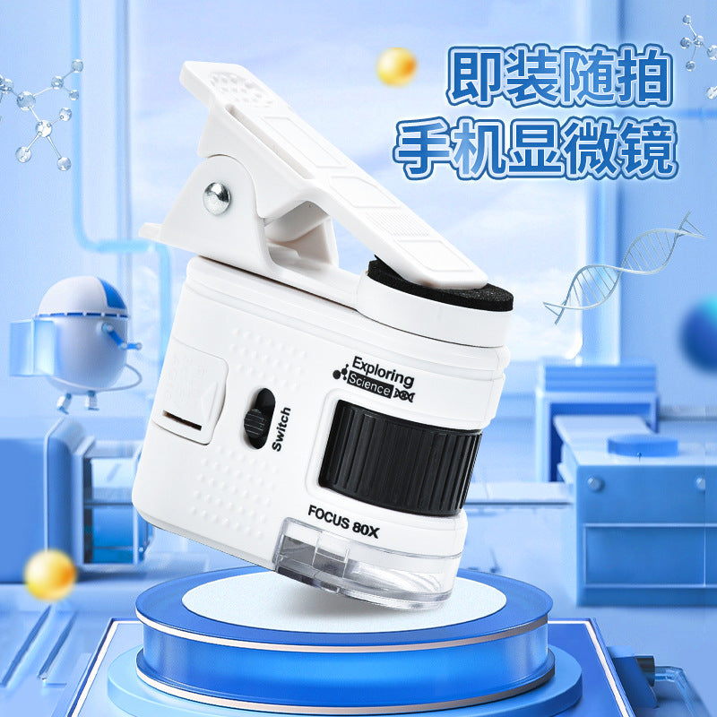 High-Definition Children's Pocket Microscope Mini 80X Handheld Portable Educational Toy for Elementary School with Money-Checking Light Assembly Kit