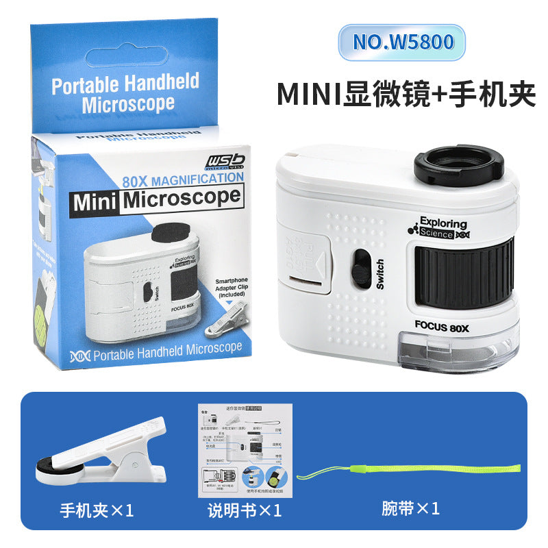 High-Definition Children's Pocket Microscope Mini 80X Handheld Portable Educational Toy for Elementary School with Money-Checking Light Assembly Kit